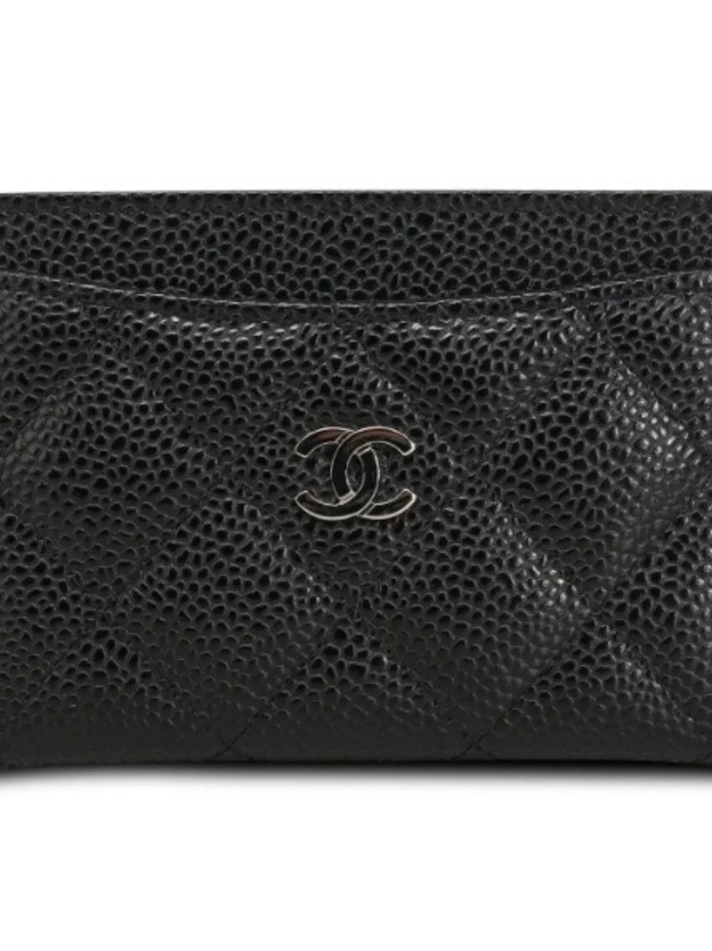CHANEL Black Quilted Caviar Leather Card Holder with Silver CC logo